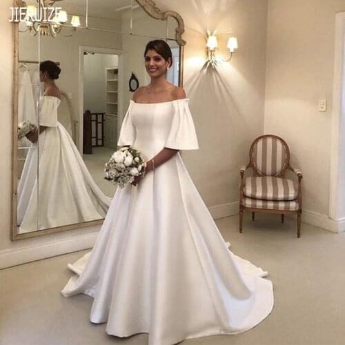 JIERUIZE Vintage Off Shoulder Wedding Dresses Half Sleeves Zipper Back Simple Satin Bridal Gowns Vestido De Noiva Custom Made