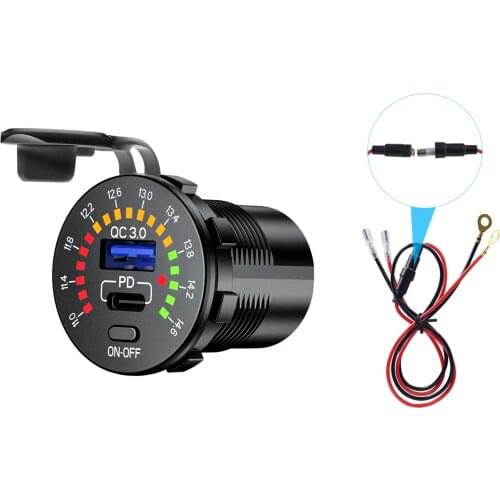 Waterproof 12V Quick Charge QC3.0 USB 18W Type C PD Car Charger with LED Voltmeter ON OFF Switch for SUV Motorcycle Marine Boat