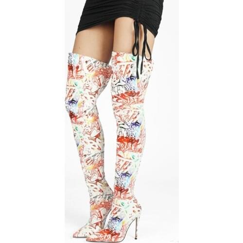 Womens Pointed Toe Printed Mixed Colors Over The Knee Boots Stilettos High Heel Shoes Sexy Long Plus Size New 2022
