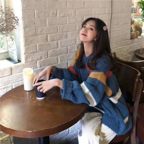 Pullovers Women Oversize Sweater Plus Size Warm Ulzzang Casual Harajuku Knitted Sweaters Striped Knit Female Fashion Retro Daily