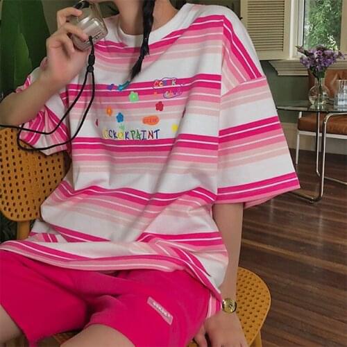 Summer New Ins Fashion Oversized Letters Print Stripe Tshirt For Girls Short Sleeve Street Casual Top O Neck 90s Polyester Tees