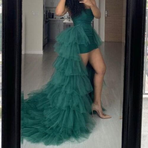 Hunter Green Mini Prom Dresses with Detachable Train Strapless Tiered Long Overskirt Sexy Cocktail Dress 2019 Formal Party Gowns