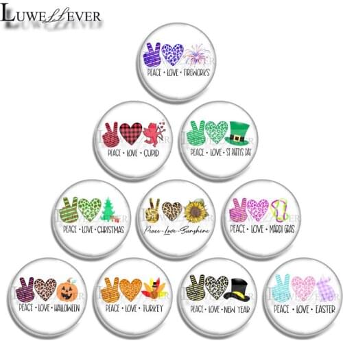 10mm 12mm 16mm 20mm 25mm 30mm 647 Peace Love Mix Round Glass Cabochon Jewelry Finding 18mm Snap Button Charm Bracelet