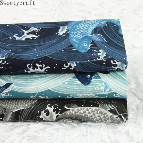 110x45cm Thin cotton fabric by Yard Waves Fish printed Cloth DIY Handmade Sewing Bag Patchwork Material Accessories Home Textile