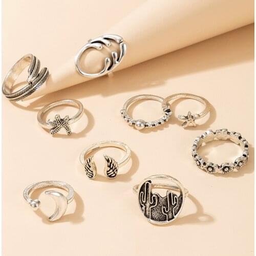 9 Piece/Set Geometric Minimalist Accessories Vintage Trend Cactus Flowers Starfish Moon Wings Open Ring Party Jewelry Anillos