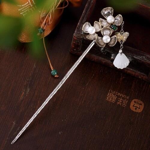 925 Sterling Silver Pearl Hair Stick Dangle Butterfly Tassel Flower Vintage Chinese Hanfu Hair Accessory Sticks Step Shake