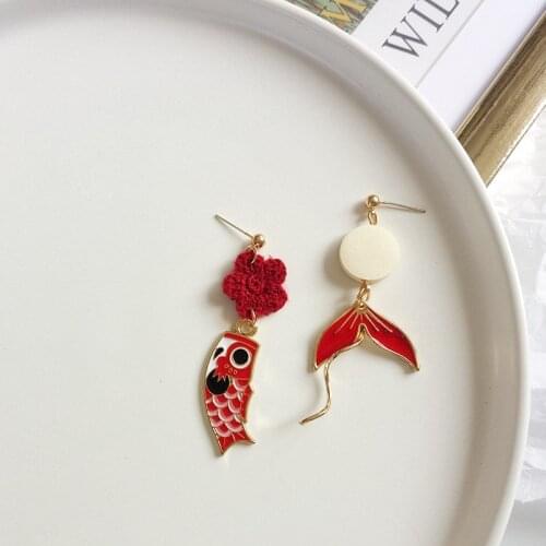 Asymmetric knitted Flower fish tail Earrings Cute Girls Japanese Lukcy Red Koi Fish Drop Earrings For Women Lady