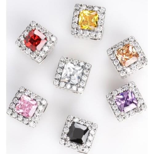 Free Shipping 925 Sterling Silver Geometry Square colourful Charm Beads Fit Original Bracelets Bangles DIY Jewelry S925 Beads