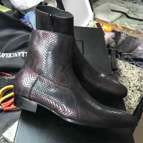2018 Personalized Handmade Colorful Shiny Fish-scale Pattern genuine Leather Pointed Toe Men Boot wedding dress luxury shoes