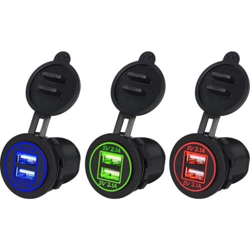 DC12V/24V Dual 4.2A Power Outlet 2 Ports Car Usb Charger For Phone Car Boat Marine Mobile Led Light Blue Red Green