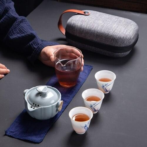 Travel Tea Set Portable Japanese One Pot Fills Three Cups Ru Kiln Ceramics Gift