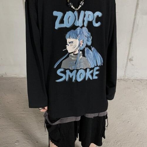 Harajuku Japanese Anime Print Full Sleeves Tshirt All-Match Unisex Punk Style Casual Cool Clothes Newness Loose Personality Top