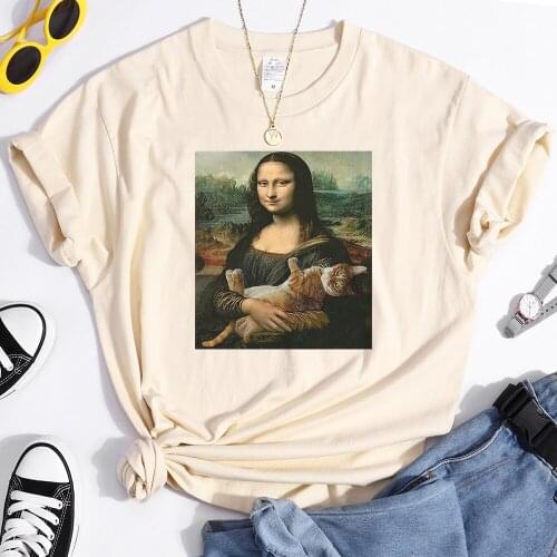 Famous Painting Mona Lisa Hold Cat Funny Print Womens Tshirt Casual Soft Tops Fashion T Shirt Summer Vintage Womens t-Shirts