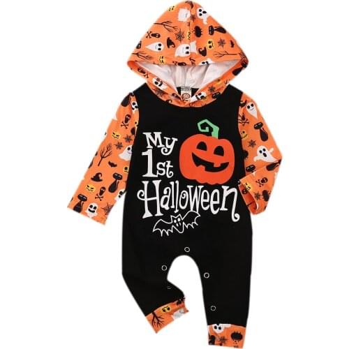 Baby Newborn Girls Boys My First Halloween Hooded Romper Jumpsuits Infant Toddler Autumn Long Sleeve Pumpkin Print Romper 0-3Y