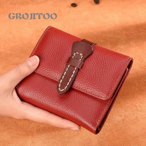 GROJITOO cowhide three fold womens short purse buckle manual thread multi Card Wallet soft leather womens Wallet