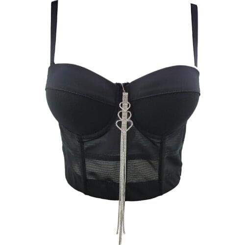 Sexy Mesh Rhinestone Spaghetti Strap Women Cropped Top Night Club Party Corset Crop Top Push Up Bustier Camis Built in Bra