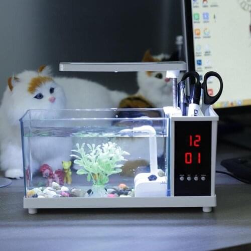 Mini Aquarium Fish USB Aquarium With LED Light LCD Display Screen and Clock Fish Aquarium Fish Tanks Black/ White Table Decor