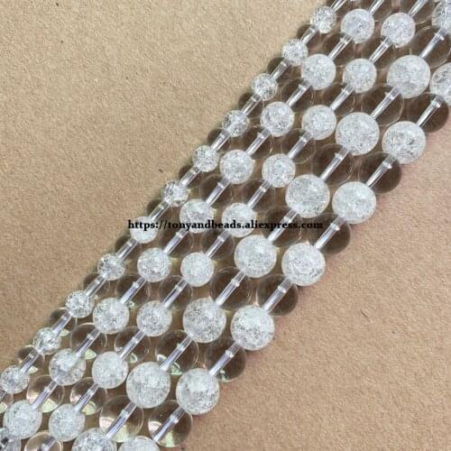 Natural Stone Half Clear White Snow Cracked Crystal Round Loose Beads 15" 4 6 8 10 12MM Pick Size For Jewelry Making DIY