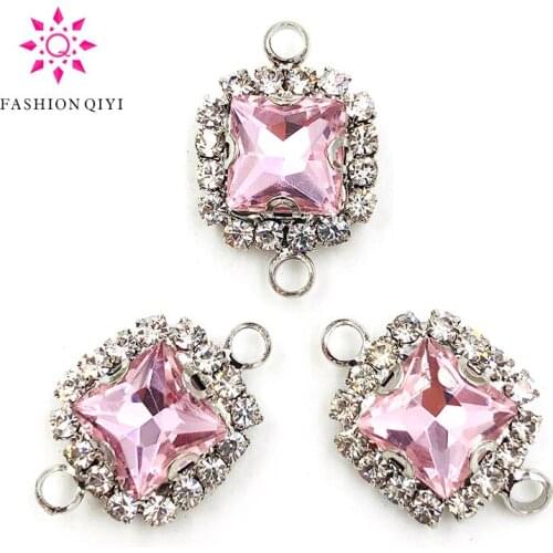 NEW HOT SALE 8mm 10pcs/bag Double loop sew on rhinestones Pink glass crystal square Silver bottom Crystal button DIY accessories