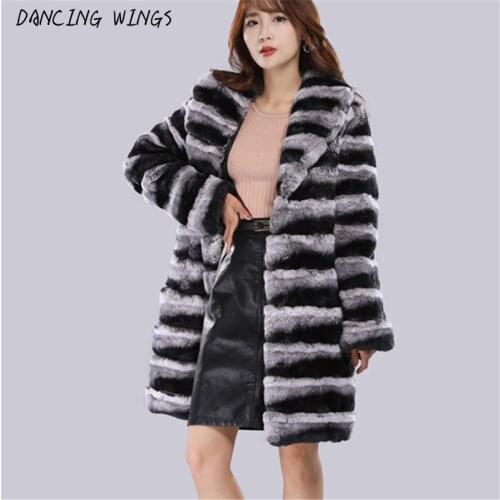 New Winter Real Rex Rabbit Fur Womens Overcoat Chinchilla Color Full Sleeve Rabbit Fur Long Women Jackets Plus Size