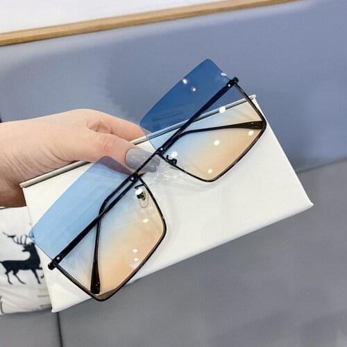 Womens Fashion Square Oversize Sunglasses Luxury Shades Alloy Half Frame Gradient Blue Yellow Sun Glasses Female UV400 Eyewear