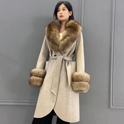 Wool Blend Coat Jacket With Natural Fox Fur Collar And Cuffs Winter Warm Fashion Knee-Length Fur Cardigan