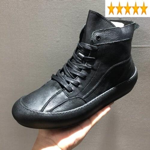 Casual Winter Mens High Top Genuine Leather Ankle Lace Up Flats Sneakers Shoes 2021 New Joggers Biker Safety Boots Black