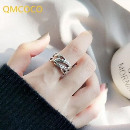 QMCOCO 925 Silver New Style Punk Wide Ring For Charming Women Good Luck Letter Trendy Temperament For Jewelry Gifts
