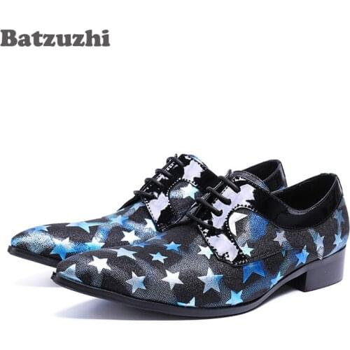 Handmade Dress Shoes Men Pointed Toe Black Blue Genuine Leather Shoes Men with Stars Lace-up Party, Runway Business Shoes Men