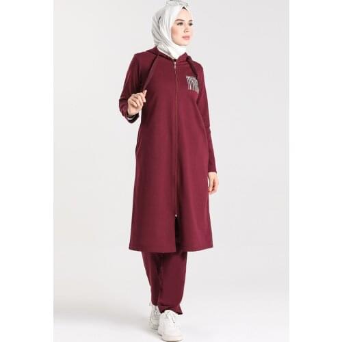 SFM7032 Stone Embroidered Hooded Double Tracksuit Set Islamic Sports Wear for women islamic coat Muslim Women Dress Sport Hijab