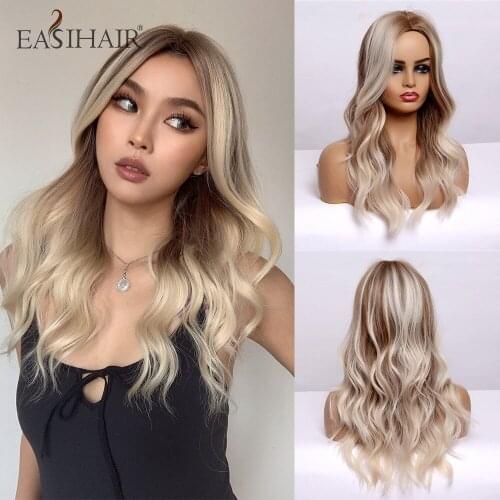 EASIHAIR Light Blonde Wavy Synthetic Wigs for Women Wigs Brown Highlight Cosplay Wigs Heat Resistant Medium Length Wig