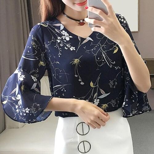 Office Lady Fashion Flower Print Half Flare Sleeve V Neck Chiffon Blouse Shirt