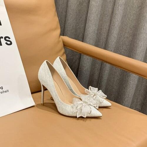 Womens Rhinestone Bow Pointed Toe High Heels Wedding Party Office Lady Shoes Womens High Heeled Thin Heel Pumps
