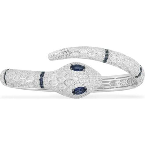 SOELLE High Quality Real 925 Sterling Silver Serpent Open Cuff with Navy Blue Stones Fashion Women Snake Brand Bangle Bracelet