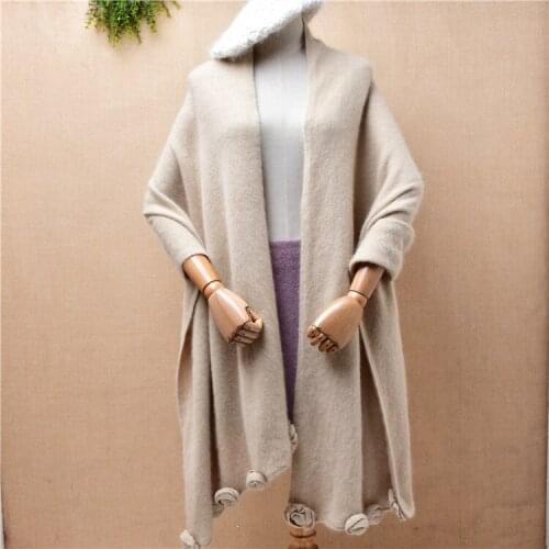 Top quality female women fashion flower hairy angora rabbit fur knitted wool blended long Scarf mantle jacket for autumn winter