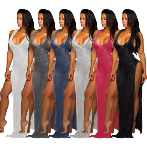 SKMY Fashion Summer Sexy Stretchy Solid 9 Colors Sleeveless V-Neck Mesh Beach Bodycon Long Maxi Dress Clothing For Women