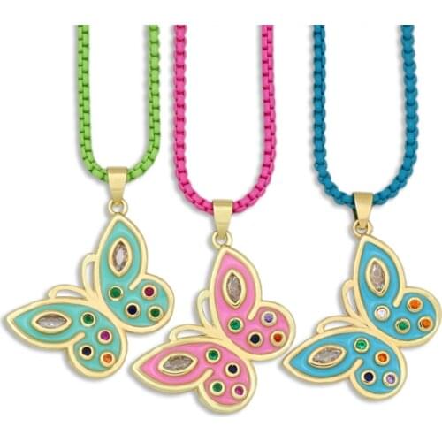 Gold Neck Chains Butterfly Tennis Pendant Necklaces for Women Party Gift Fashion Colorful CZ Zircon Enamel Jewelry collar