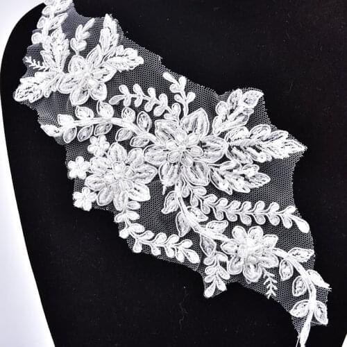 2pcs White Beaded Lace Bridal Applique Flower Sequin Fabric Wedding Dress Decoration Diy Foe Garment Accessories Sew On Clothes