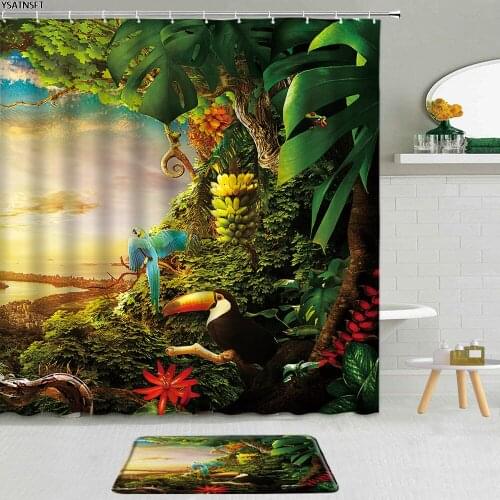 2Pcs Tropical Forest Animal Landscape Shower Curtain Palm Leaf Toucan Leopard Peacocks Bathroom Non-Slip Bath Mat Curtains Set