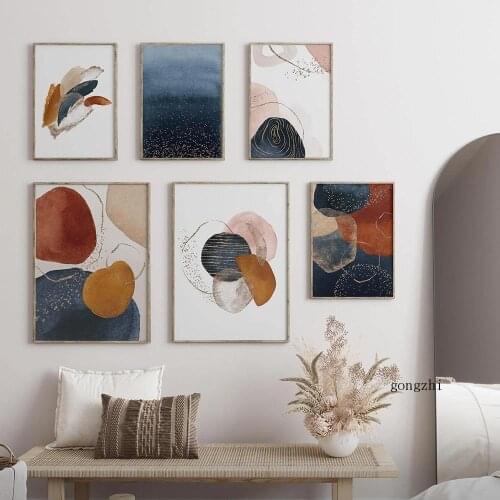 Watercolor Gold Abstract Geometric Nordic Posters Canvas Painting Prints Modern Wall Art Pictures for Living Room Bedroom Decor