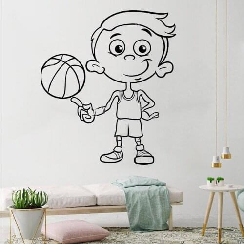Black and White Cartoon Illustration of Funny Boy Basketball Wall Decal Kids Room Mural Home Wall Vinyl Decals Removable FN-80