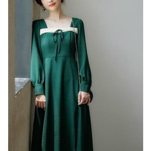 Elegant Split Dress Female Casual Bandage Korean One-Piece Dress Fall 2021 Women Clothing Women Autumn Lace Patchwork Midi Dress