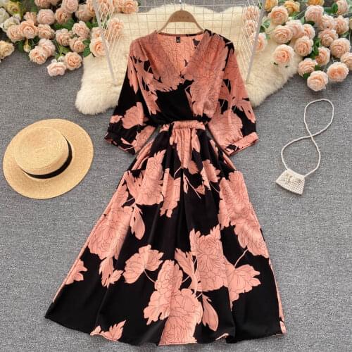 Gagaok Dresses for Women 2021 Spring Autumn New V-Neck Vintage Empire Full Midi Elegant Dress Fashion Temperament Chic Vestidos