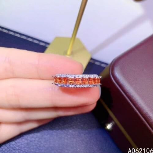 925 Pure Silver Chinese Style Natural Orange Sapphire Womens Luxury Noble Square Adjustable Gem Row Ring Fine Jewelry Support D