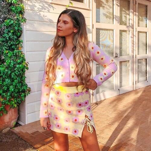 WYWMY Korean Sweet Knit Floral Print Cardigan + Skirt 2pcs Sets Girls V Neck Short Sweater Coat + Mini Skirt Suits Women Outfits