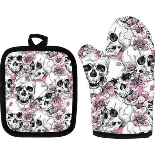 Sugar Skull Pattern Kitchen Microwave Gloves Polyester Sets of 2 Resistant Hot Pads Oven Mitts for Cooking Baking Accessories