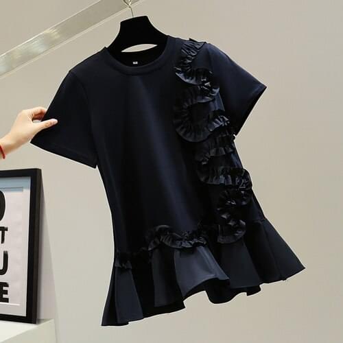 Summer Tshirt Women Korean Style Loose Ruffled Top Solid Color Casual Short Sleeve T-shirts Pink Blue White Goth Clothes