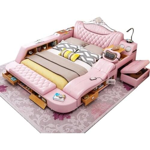 Bedroom furniture multifunction storage bed with massage music design of leather bed solid wood frame tatami factory wholesale