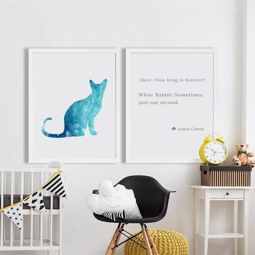 Cute Cat Alice In Wonderland Blue Cat and Letter Poster Print Canvas Picture Home Childrens Room Wall Art Decoration Custom