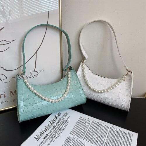 Fashion Women Alligator Pattern Shoulder Underarm Bag Casual Ladies Pearl Chain Handbags Purse PU Leather Solid Color Square Bag